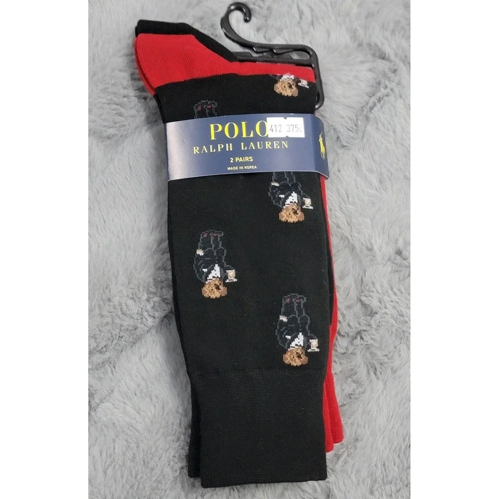 Polo Ralph Lauren Socks Mens 10-13 Black Red Martini Tuxedo Polo Bear 2 Pack